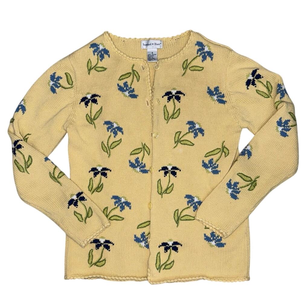 Standard blues women’s small vintage floral sweater cardigan yellow blue cozy